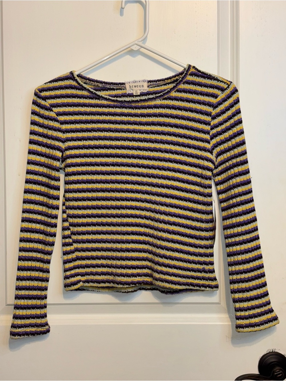 btween Yellow & Purple Striped Ribbed Long-Sleeve Top
